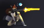  alorie_mon_siviel bodysuit brown_hair canid canine clothing female feretta fox fur green_eyes grey_body grey_fur gun hair hi_res mammal muzzle_flash ranged_weapon rifle shooting simple_background skinsuit tight_clothing weapon 