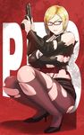  aya_brea blonde_hair breasts glasses gun huge_breasts left-handed pantyhose parasite_eve parasite_eve_the_3rd_birthday short_hair sideboob solo squatting torn_clothes torn_legwear usatarou weapon 