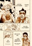  2boys absurdres black_hair coat coat_on_shoulders collared_shirt commentary english_commentary english_text facial_hair gear_fifth goatee_stubble hagoromo highres kizaru_(one_piece) male_focus monkey_d._luffy multiple_boys mustache_stubble one_piece scar scar_on_face shawl shirt short_hair small_sweatdrop smile snoopers_kun speech_bubble stubble surprised tinted_eyewear topless_male uber_eats white_coat white_hair yellow-tinted_eyewear yellow_theme 