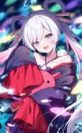  1girl absurdres bare_shoulders blue_eyes blurry blurry_background cho_kaguya-hime! collarbone colored_inner_hair commentary_request criss-cross_halter depth_of_field fish flying_fish grey_hair hair_ornament hair_rings hair_stick halterneck highres japanese_clothes kimono long_hair looking_at_viewer miy@ multicolored_eyes multicolored_hair off_shoulder open_mouth pink_hair purple_eyes purple_kimono runami_yachiyo sleeves_past_fingers sleeves_past_wrists smile solo swept_bangs teeth thick_eyebrows twintails two-tone_eyes upper_teeth_only virtual_youtuber watermark wide_sleeves 