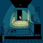  closed_umbrella commentary_request dark door doorway indoors mat no_humans oddish open_door open_mouth pikachu pokemon pokemon_(creature) saboteri_(savot) slippers solo umbrella wooden_floor 