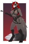  absurd_res amur anthro bondage_gear breasts canid canine clothing dominatrix female fox hair hi_res looking_at_viewer mammal nipples red_hair riding_crop solo standing underwear vampire vermillion whip 