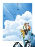  2boys blazer blue_sky bomber_jacket border brown_hair car cloud cloudy_sky disco_elysium facial_hair full_body green_jacket hand_on_own_leg hand_up harry_du_bois highres jacket kim_kitsuragi knee_up laglag101 male_focus motor_vehicle multiple_boys mutton_chops orange_jacket outside_border round_eyewear short_hair sky white_border 