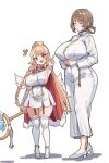  +_+ 2girls aningay blonde_hair blush_stickers breasts brown_hair cape closed_eyes commentary_request detached_wings dress erpin_(trickcal) fang full_body fur-trimmed_cape fur_trim garter_straps heart heart_in_mouth height_difference high_heels highres huge_breasts korean_commentary leader_(trickcal) long_dress long_hair long_sleeves multiple_girls open_mouth red_cape red_eyes shoes shortstack sideboob simple_background sleeveless sleeveless_dress smile staff standing thighhighs tiara trickcal v very_long_hair white_background white_dress white_shoes wings 