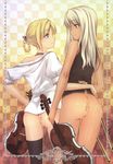  2girls absurdres ass blonde_hair blue_eyes bottomless bow_(instrument) braid dark_skin eye_contact frame highres instrument long_hair looking_at_another multiple_girls no_panties no_pussy ooji open_mouth original personification red_eyes tan tattoo thighhighs treble_clef viola_(instrument) violin white_hair 