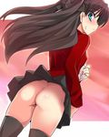  aqua_eyes ass black_hair black_legwear black_thighhighs blush bow eeeeee fate/stay_night fate_(series) female gradient gradient_background hair_bow hair_ribbon legs long_hair miniskirt no_panties photoshop ribbon skirt solo thighhighs thighs tohsaka_rin turtleneck twintails upskirt 