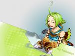  .hack//g.u. .hack//games 1girl bandai cyber_connect_2 eyes_closed female gloves gradient gradient_background green_hair happy makuhashi microphone natsume_(.hack//) open_mouth paper short_hair solo 