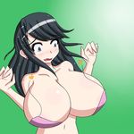  black_hair blue_eyes blush bursting_breasts cleavage huge_breasts jcdr navel open_mouth original simple_background wardrobe_malfunction 