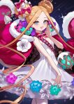  1girl abigail_williams_(fate) abigail_williams_(santa)_(fate) absurdres amamiyayk bare_shoulders bell blue_eyes bow bowtie brown_hair chinese_commentary cloak clothing_cutout commentary_request double_bun dress fang fate/grand_order fate_(series) flat_chest flower forehead fur-trimmed_cloak fur_trim gold_tiara hair_bow hair_bun hair_ornament hand_up highres jewelry long_hair long_sidelocks looking_at_viewer pantyhose parted_bangs sash shoulder_sash sidelocks skin_fang sleeveless sleeveless_dress smile solo strapless strapless_dress stuffed_toy very_long_hair very_long_sidelocks whispering white_dress white_pantyhose 