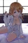  areola_slip areolae arm_support bloom blue_eyes blush breasts charlotte_e_yeager cleavage downblouse hair_twirling kuronyan large_breasts looking_at_viewer morning naked_shirt open_clothes open_shirt shirt sitting sleepy solo strike_witches world_witches_series 