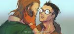  2boys black_hair brown_hair buzz_cut canon_event caption collared_shirt commentary disco_elysium english_commentary facial_hair gloves green_jacket hair_slicked_back hand_on_another's_face harry_du_bois highres jacket kim_kitsuragi laglag101 looking_at_another mullet multiple_boys mustache mutton_chops orange_gloves parted_lips shirt short_hair upper_body very_short_hair white_shirt 