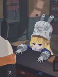  artist_name bangboo_(zenless_zone_zero) blonde_hair blue_eyes blush commentary_request gloves hat highres norma_(zenless_zone_zero) pout shop signature uixy white_gloves zenless_zone_zero 