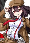  1girl absurdres belt breasts brown_belt brown_hair brown_hat brown_jacket brown_shorts collared_shirt commentary flat_cap grin hand_on_headwear hat highres jacket long_sleeves looking_at_viewer medium_breasts necktie newspaper official_alternate_costume open_clothes open_jacket red_eyes red_necktie shameimaru_aya shameimaru_aya_(newsboy) shirt shorts smile solo suit_jacket touhou white_shirt yuuka_(a0240765) 