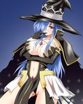  1girl artist_request blue_hair blush breasts cape cleavage crown elbow_gloves fatima gloves hair_over_one_eye hat jewelry large_breasts long_hair looking_at_viewer luminous_arc luminous_arc_2 navel no_bra partially_visible_vulva pendant red_eyes skirt solo witch witch_hat yoou_(artist) 
