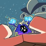  1other black_eyes commentary cosmog hariyama looking_down open_mouth pokemon pokemon_(creature) saboteri_(savot) star_(sky) surprised yellow_eyes 
