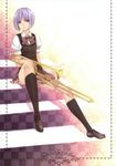  absurdres black_legwear black_socks female footwear full_body highres instrument legs no_panties ooji open_mouth original purple_eyes school_uniform short_hair sitting socks solo stairs tattoo treble_clef trombone 