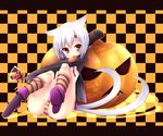  2010 allen_walker animal_ears boots candy cat_ears cat_tail checkered checkered_background d.gray-man food genderswap genderswap_(mtf) halloween happy_halloween jack-o'-lantern mouth_hold panties pumpkin red_eyes sagami_rin short_hair silver_hair solo striped striped_panties tail trick_or_treat underwear 