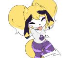 5:4 bandai_namco bird_brain bottomwear canid canine clothed clothing demon digimon female fox furball hotpants hybrid imp legwear mammal renimpmon shirt shorts shortstack simple_background solo stockings t-shirt tongue tongue_out topwear white_background
