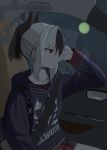  1girl absurdres bag black_bag black_hair black_hoodie blue_archive car_interior closed_mouth commentary earclip from_side grey_hair grey_halo halo head_rest highres hood hoodie kayoko_(blue_archive) mopi_(oooo5412) multicolored_hair profile red_eyes red_skirt skirt solo two-tone_hair 