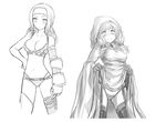  blush bra final_fantasy final_fantasy_tactics garter_straps greyscale hairband hood kara_(color) lingerie monochrome multiple_girls robe skirt skirt_lift smile squire_(fft) thighhighs twintails underwear white_mage white_mage_(fft) 