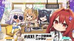  4girls ahoge animal_ears anis_(nikke) anis_(star)_(nikke) black_hair brown_eyes cat_ears chibi clock closed_eyes commander_(nikke) commentary_request extra_ears goddess_of_victory:_nikke grey_hair hair_intakes hair_ornament headband highres holding_lightstick long_hair medium_hair mint_(nikke) multiple_girls neon_(nikke) official_art open_mouth phonograph picture_frame pretty_(nikke) prika_(nikke) rapi_(nikke) rapi_(red_hood)_(nikke) red_hair round_eyewear sidelocks smile sunglasses thighhighs totatokeke white_thighhighs 