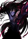  black black_hair bleach getsuga kurosaki_ichigo long_hair male_focus outstretched_hand red_eyes solo sword weapon 