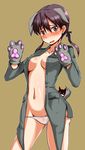  animal_ears blush brown_eyes brown_hair dog_ears dog_tail gertrud_barkhorn gloves long_hair lowleg lowleg_panties military military_uniform navel no_bra open_clothes open_shirt panties paw_gloves paws shiny shiny_skin shirt solo strike_witches tail the-k twintails underwear uniform world_witches_series 
