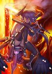  angry aro_(charged_time_out) bad_id bad_pixiv_id blue_hair breasts broken_horn cameltoe clenched_teeth fire flaming_sword horns legs light_trail long_hair medium_breasts molten_rock no_bra original panties sideboob sitting solo sword teeth thighhighs underwear weapon wings yellow_eyes 