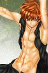  1boy card_captor_sakura child li_syaoran li_xiaolang lowres male male_focus muscle open_clothes orange_eyes orange_hair solo tattoo wet 