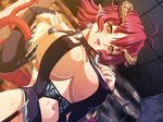  1girl blush breasts demon_girl demon_tail demon_wings erect_nipples game_cg horns huge_breasts kyonyuu_fantasy pov red_hair shamsiel shamujerushaharu short_hair solo succubus sweat tail waffle wings 