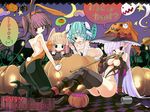  animal_ears bdsm blonde_hair blue_eyes bondage bound bunny_ears bunnysuit cat_ears chain collar drinking_straw elf green_hair halloween happy_halloween hat high_heels highres jack-o'-lantern kuro_uso-ko lavender_hair leash leotard long_hair multiple_girls mummy original pantyhose pointy_ears pumpkin purple_eyes red_eyes shoes short_hair thighhighs torisan trick_or_treat twintails wallpaper witch_hat 