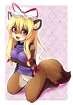  animal_ears barefoot blonde blonde_hair bottomless breasts ear_tuft fang feet female full_body furrified furry hat inviting ka_(pixiv341010) kagerofu kneeling looking_at_viewer pawpads paws purple_eyes smile soles solo tail toes touhou whiskers yakumo_yukari 