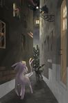  alley candle city door espeon flower gekkou_hotaru murkrow night no_humans pokemon sky umbreon window 