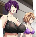  big_breasts black_bra bra breasts comparison green_eyes highres large_breasts lingerie oikawa_urada purple_bra purple_hair seikon_no_qwaser stitched teresa_beria underwear 