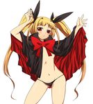  :&lt; blazblue blonde_hair blush bow cloak fang long_hair panties rachel_alucard rayno red_bow red_eyes solo string_panties topless twintails underwear underwear_only 