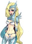  1girl armor bikini bikini_armor blonde_hair blue_eyes cain_highwind female final_fantasy final_fantasy_iv final_fantasy_iv_the_after genderswap headdress long_hair midriff nezi_ch simple_background solo swimsuit thighhighs very_long_hair white_background 