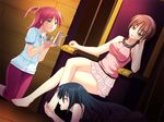  3girls barefoot brown_hair feet femdom foot foot_lick foot_licking foot_worship green_eyes kneeling licking multiple_girls red_hair servant skirt slave toes yuri 