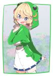  1boy :d absurdres animal_hood blonde_hair blue_eyes blush border bright_pupils coat colored_inner_hair commentary_request commission cowboy_shot frog_hood green_border green_coat hair_ornament hairclip hand_up highres hood hood_up hoshimi_yuu indie_virtual_youtuber looking_at_viewer male_focus multi-source_commentary multicolored_coat multicolored_hair no_nose open_mouth outside_border pink_hair rain raincoat short_hair skeb_commission smile solo thighhighs trap two-tone_coat two-tone_hair uruti_2388 virtual_youtuber water_drop white_border white_coat white_pupils 