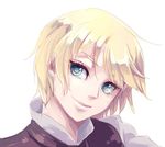  1boy alois_trancy androgynous blonde_hair blue_eyes boy kuroshitsuji looking_at_viewer male male_focus short_hair simple_background smile solo trap upper_body white_background 
