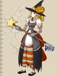  agga black_mage black_mage_(fft) blonde_hair brown_eyes elbow_gloves female final_fantasy final_fantasy_tactics full_body gloves halloween hat long_hair pumpkin robe solo staff witch_hat 