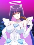 :q alternate_costume bracelet breasts chocolate_banana choker corset covered_nipples elbow_gloves enoshima_iki food gloves halo heart jewelry large_breasts long_hair panty_&amp;_stocking_with_garterbelt purple_hair sexually_suggestive solo stocking_(psg) tongue tongue_out 