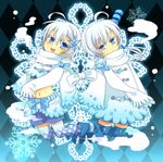  2boys ahoge baibanira blue_eyes blush bow coat frown gijinka hair_ornament ice moemon multiple_boys navel open_mouth personification pokemon pokemon_(game) pokemon_black_and_white pokemon_bw saliva scarf short_hair shorts siblings sleeves_past_wrist sleeves_past_wrists thighhighs twins vanilluxe white_hair 