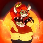  2018 anthro big_butt bowser bowsette_meme butt clothed clothing crossgender digital_media_(artwork) eyelashes female furgonomics furry-specific_piercing hair horn horn_piercing koopa looking_back mario_bros nintendo open_mouth piercing ponytail red_hair scalie simple_background solo spike_(disambiguation) super_crown thick_thighs video_games wiizus 