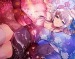  1girl big_hips cat cherry_blossoms cleavage female girl kimono laying laying_down shiny_skin silver_hair small_breasts supple thighhighs thighs 