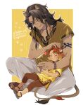  2boys animal_ears arm_tattoo braid brown_hair brown_shirt cheka_kingscholar child commentary_request con_potata full_body green_eyes indian_style leona_kingscholar lion_boy lion_ears lion_tail long_hair lying_on_lap male_focus multiple_boys ruffling_hair scar scar_across_eye scar_on_face shirt simple_background sitting tail tattoo twin_braids twisted_wonderland uncle_and_nephew yellow_background 