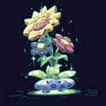  blue_background blue_flower closed_mouth commentary_request flower frown highres oddish pink_flower pokemon red_eyes saboteri_(savot) sparkle sunflower terastallization yellow_flower 