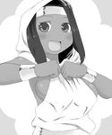  bracelet breasts dark_skin fang final_fantasy final_fantasy_tactics greyscale headband hood jewelry long_hair medium_breasts monochrome open_mouth rapha_galthena short_hair sideboob solo tsukudani_(coke-buta) 