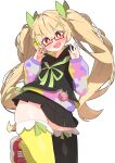  :d absurdres black_hoodie black_skirt blonde_hair bow bright_pupils brown_thighhighs commentary_request cowboy_shot food-themed_hair_ornament frilled_thighhighs frills green_bow green_ribbon guzuria_(vtuber) hair_between_eyes hair_bow hair_ornament hairclip hands_up highres hood hoodie indie_virtual_youtuber large_ribbon leg_up lemon_hair_ornament long_hair long_sleeves looking_at_viewer miniskirt mismatched_thighhighs multi-source_commentary neck_ribbon open_mouth pleated_skirt print_sweater puzzle_piece_print red-framed_eyewear red_eyes red_shoes ribbon semi-rimless_eyewear shoes short_sleeves simple_background skirt smile sneakers standing standing_on_one_leg sweater thighhighs thighs transparent_background twintails two-sided_hoodie uruti_2388 very_long_hair virtual_youtuber white_pupils yellow_hoodie yellow_thighhighs 