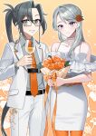  2girls akagi_kurage alternate_costume amagiri_(kancolle) black_hair bouquet commentary_request crossdressing dress floral_background frilled_dress frills glasses grey_eyes grey_hair hair_curtain highres jacket kantai_collection multiple_girls necktie orange_background orange_necktie orange_pantyhose pants pantyhose ponytail sagiri_(kancolle) sparkle_background suit white_dress white_jacket white_pants 