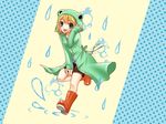  blue_eyes boots hood hoodie kagamine_rin puddle rain raincoat raining short_hair shorts smile vocaloid wallpaper yayoi 